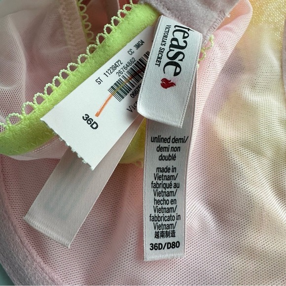 NWT Victoria's Secret Tease Unlined Demi Bra Pink Yellow Lace Trim 36D - Picture 4 of 6